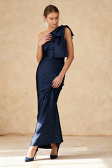 Elegant Long Dark Navy Bow Mermaid Prom Dress