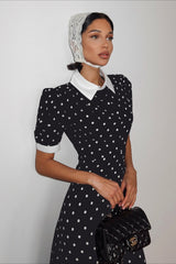 Polka Dot Color Block Waist Cinching Maxi Dress