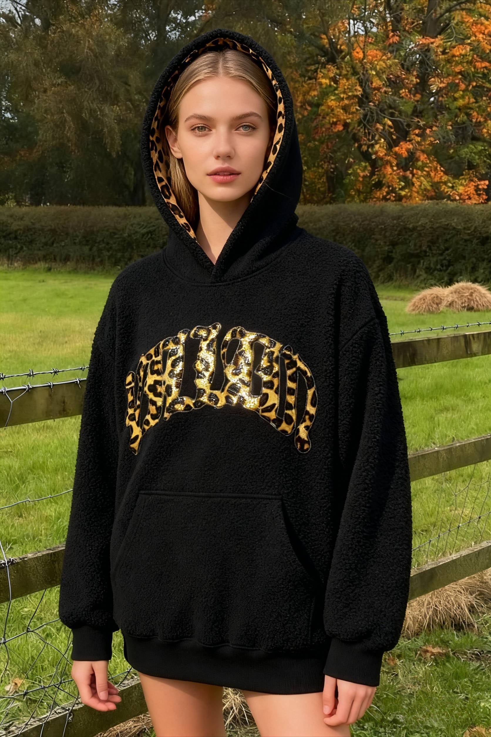 Leopard Lined Embroidered Letter Hoodie Main image