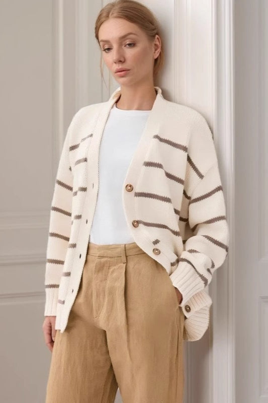Striped V Neck Cotton Cardigan Sweater Secondary image