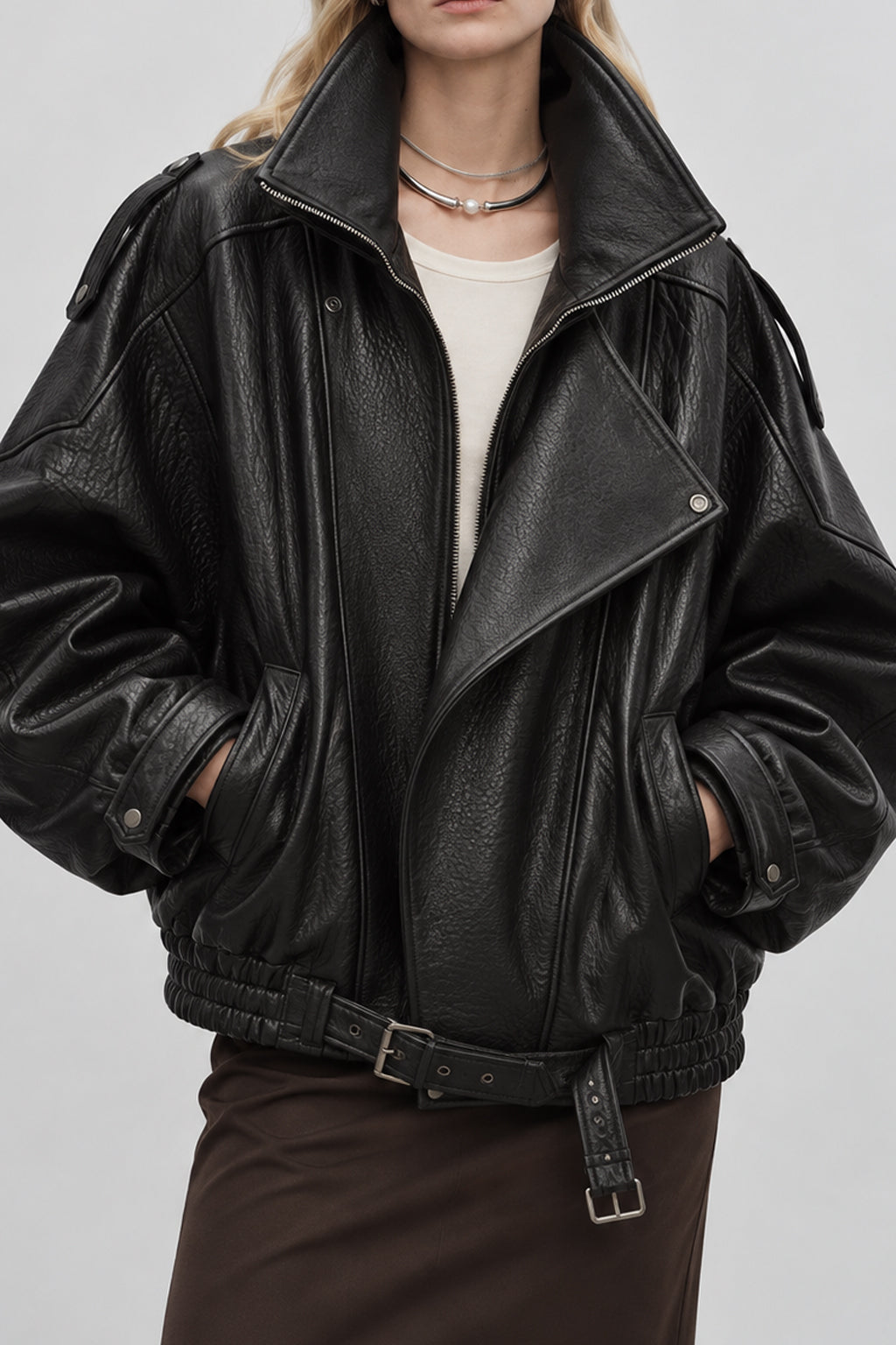 Soft PU Leather Belted Jacket Main image