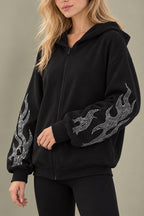 Rhinestone Flame Zip Hoodie