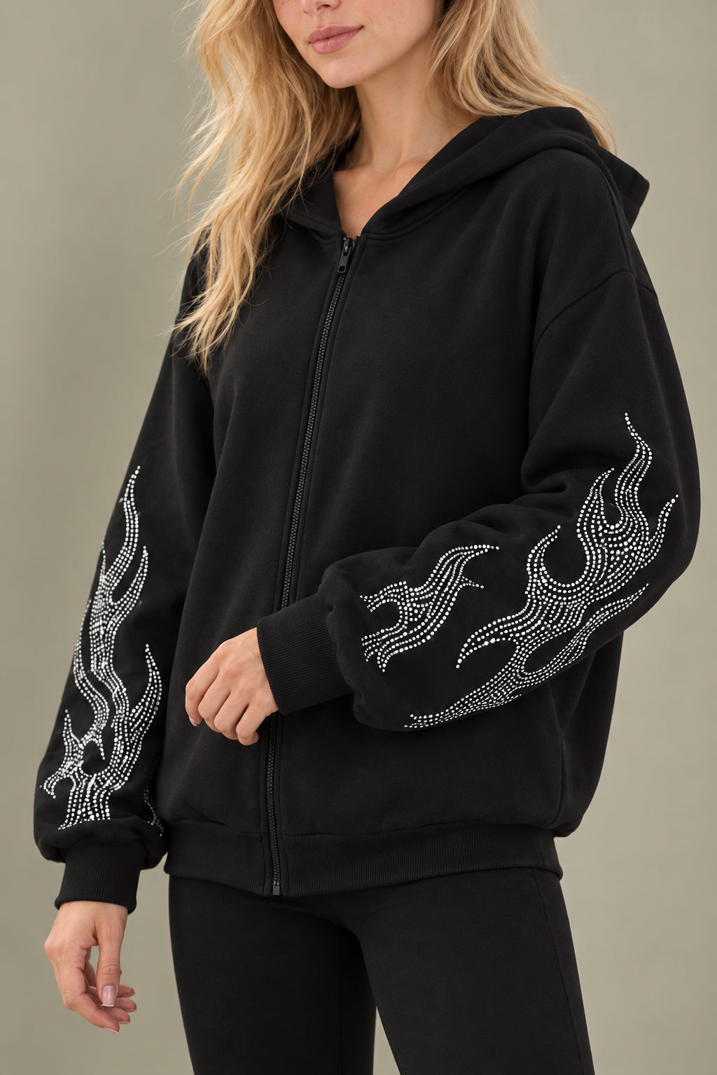 Rhinestone Flame Zip Hoodie