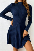 Ribbed Mock Neck Waist Cinched A-Line Work Dress