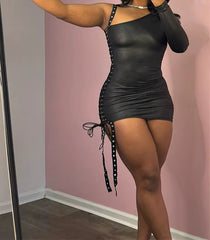 Bandage Hollow One Sleeve Bodycon Mini Dress
