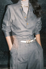 Tailored Twill Asymmetrical Cut Blouse Pants Two Piece Set