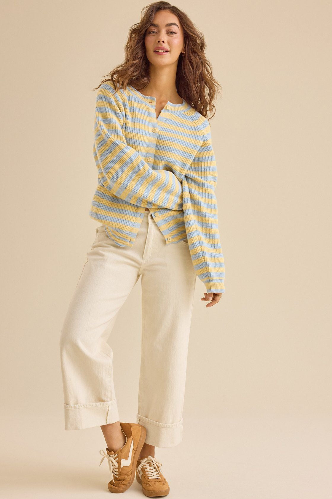 Contrast Stripe Striped Long Sleeve Cardigan Knit Top
