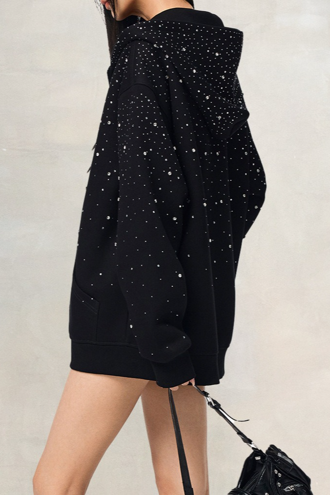 Trendy Rhinestone Air Layer Zip Black Oversized Hoodie Secondary image