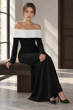 Colorblock Off Shoulder Bodycon Maxi Dress