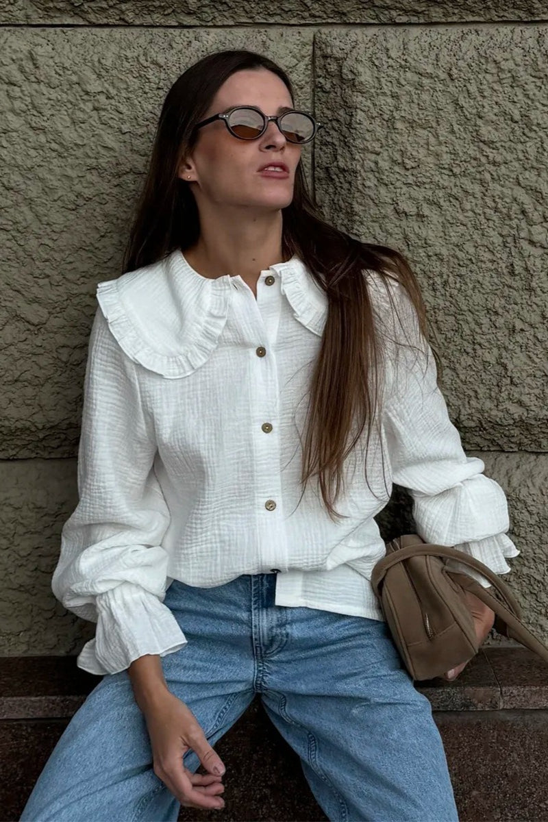 White Ruffle Trim Lantern Blouse Main image