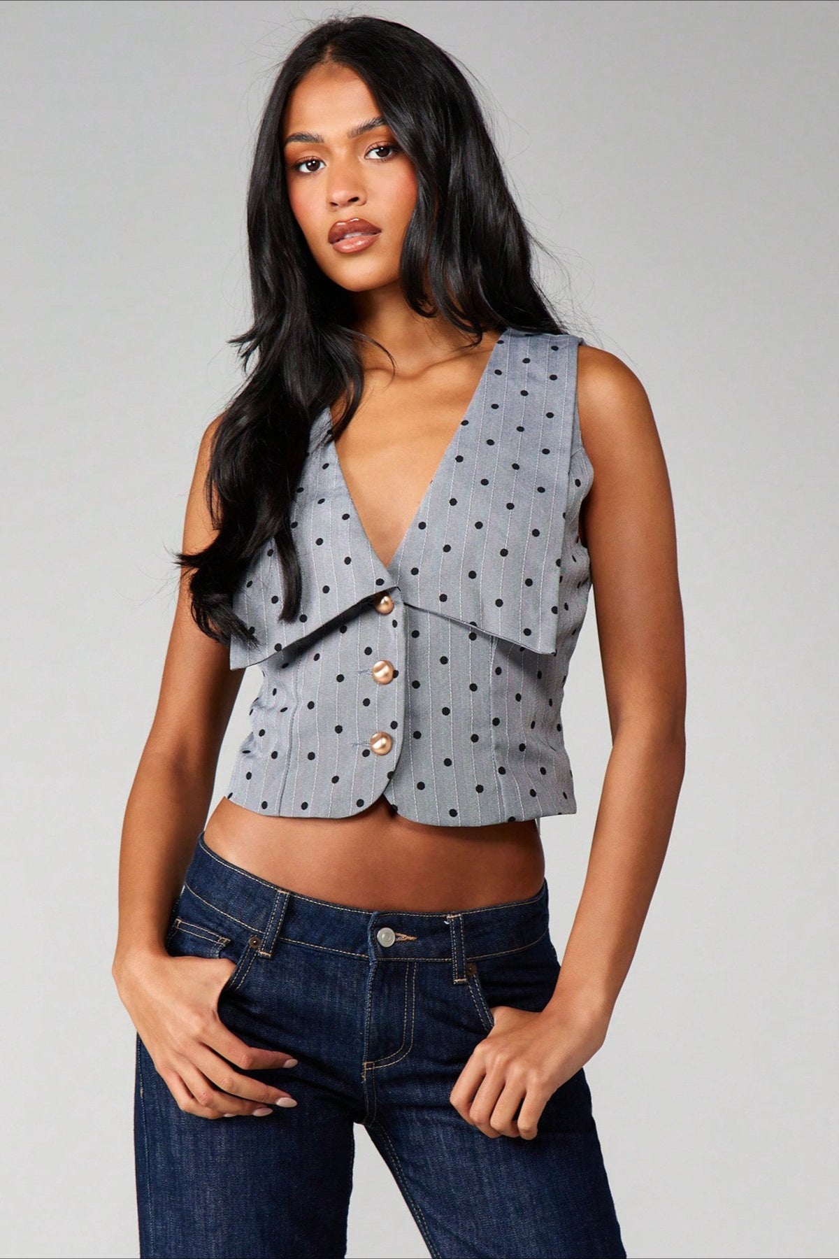 Polka Dot Collared Button Front Vest Crop Top