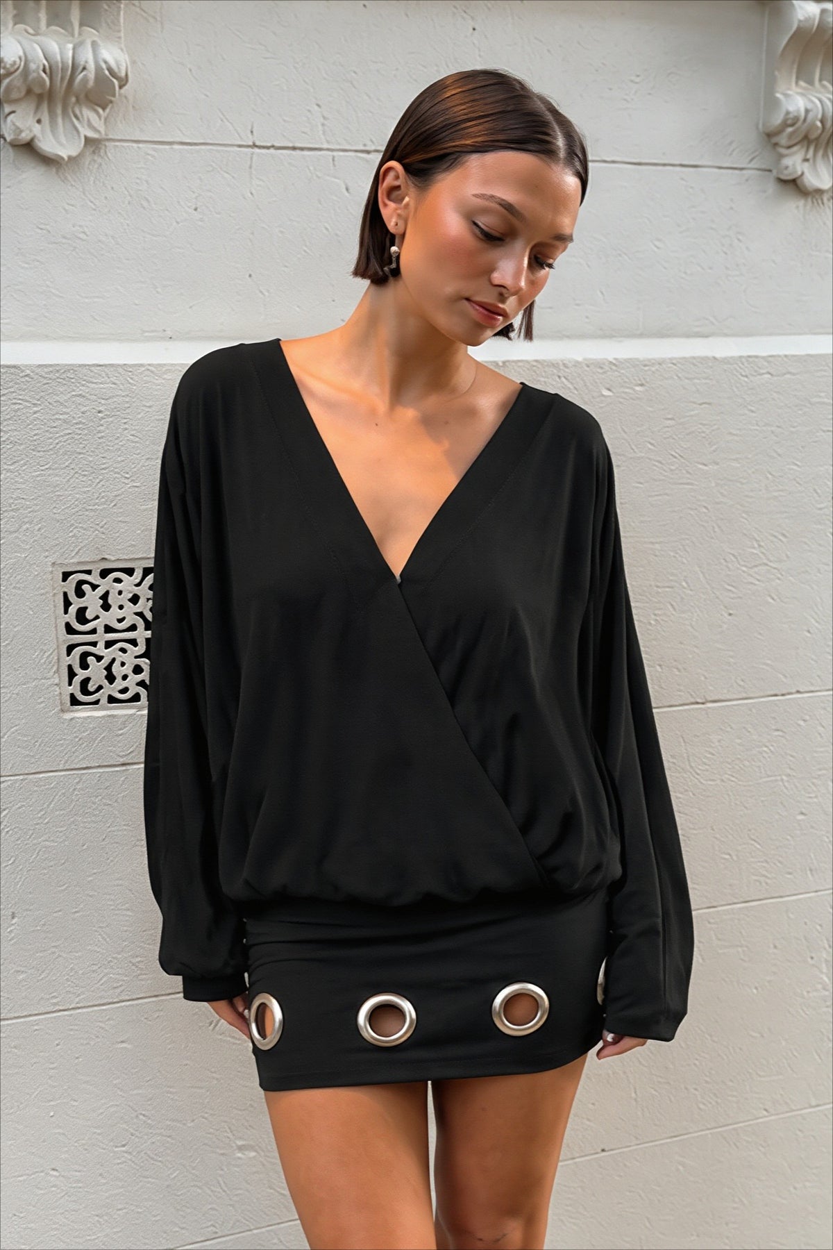 Deep V-Neck Cutout Grommet Fitted Mini Dress