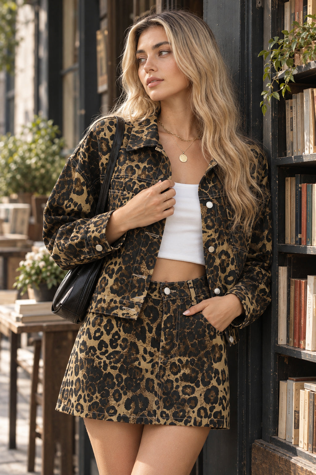 Fashionable Leopard Print Washed Denim Coat Secondary image