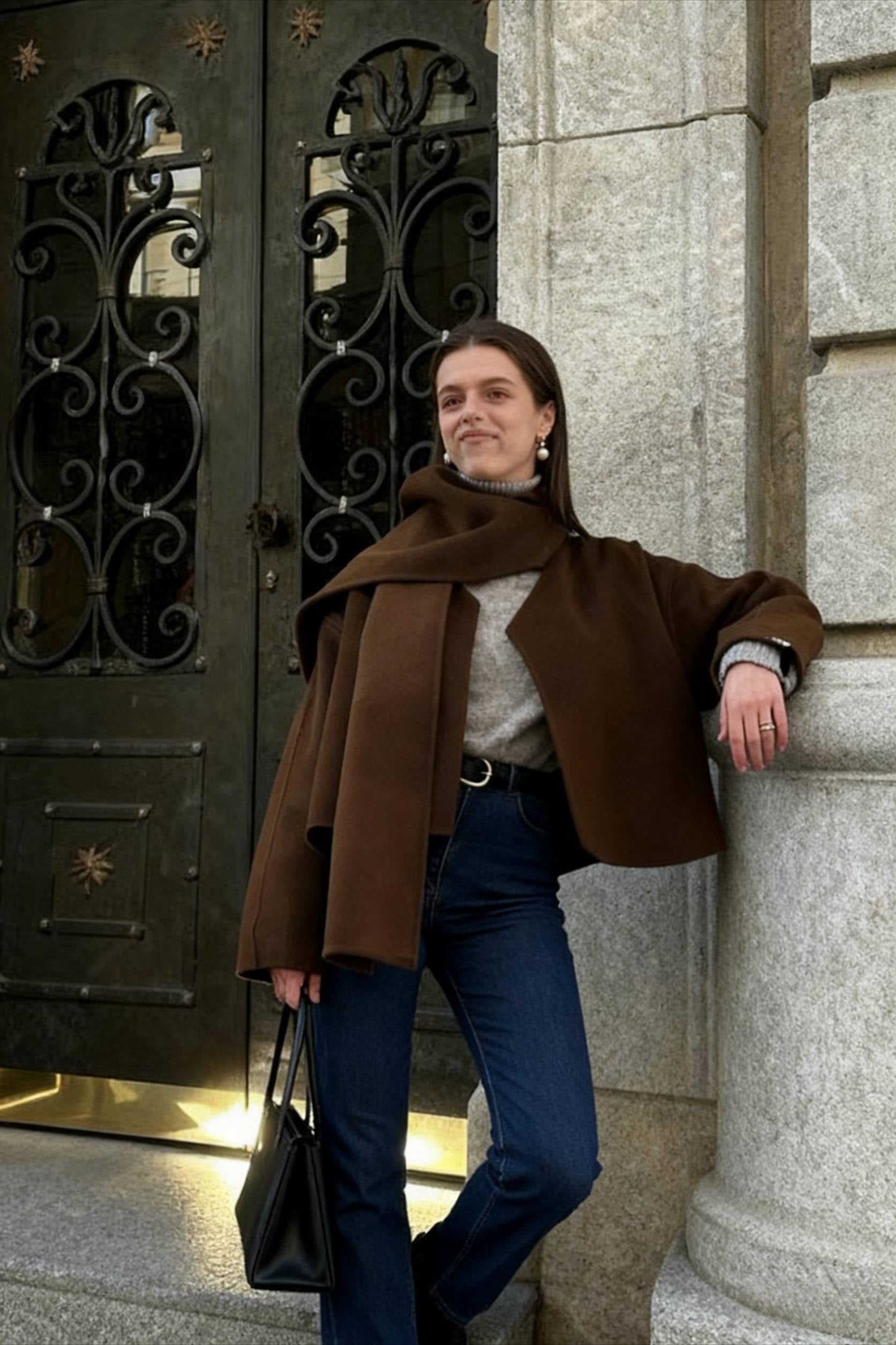 Brown Woolen Round Neck Scarf Coat Main image