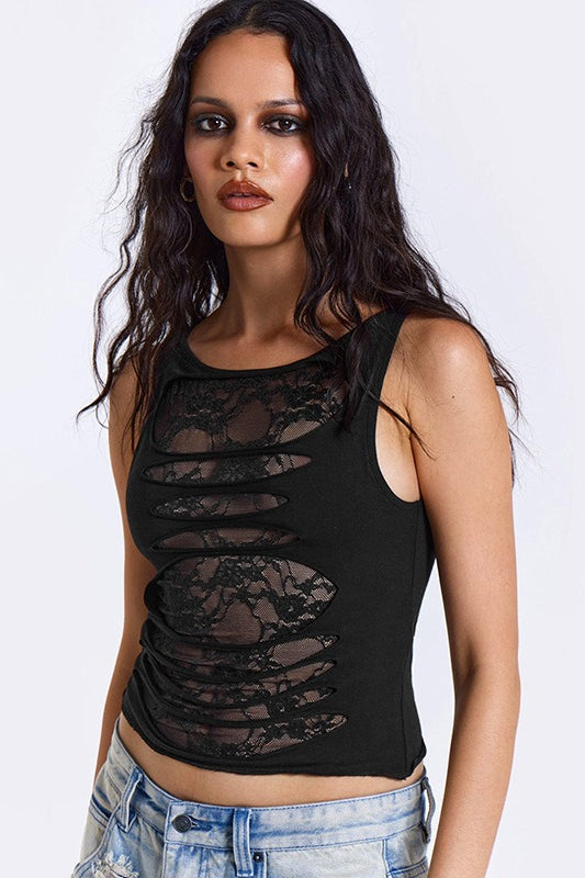Sexy Lace Panel Sleeveless Fitted Crop Top