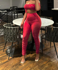 Ruched Off Shoulder Two Piece Pants Set