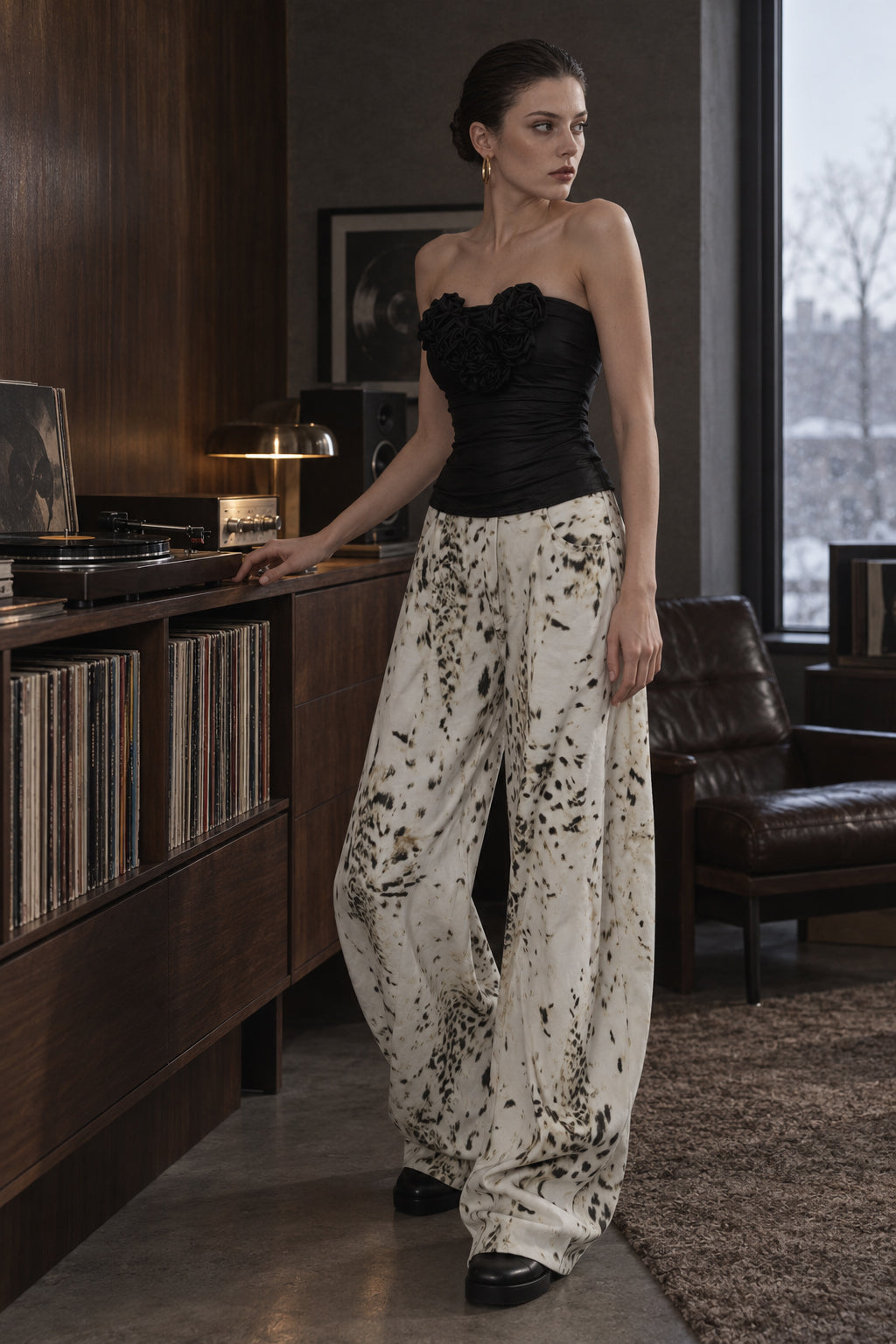 Retro Washed Leopard Wide Leg Jeans
