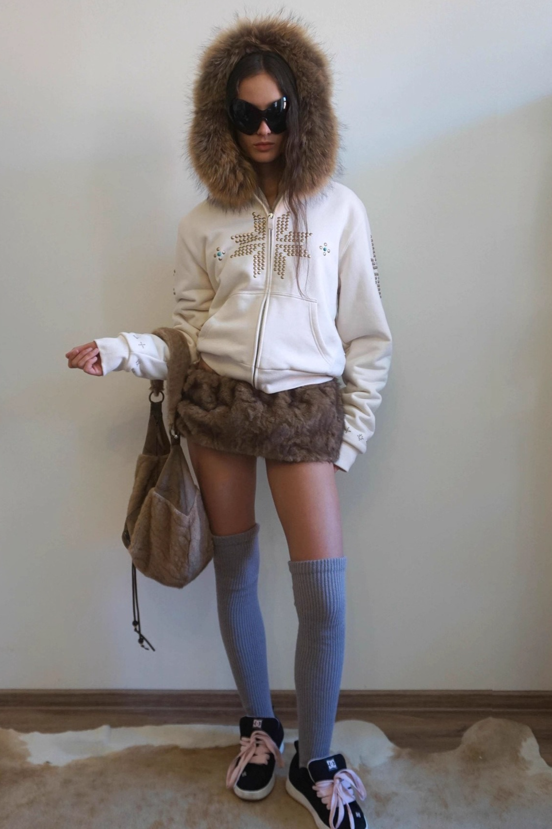 Glam Rhinestone Faux Fur Collar Zip Waist Cinch Hoodie Secondary image