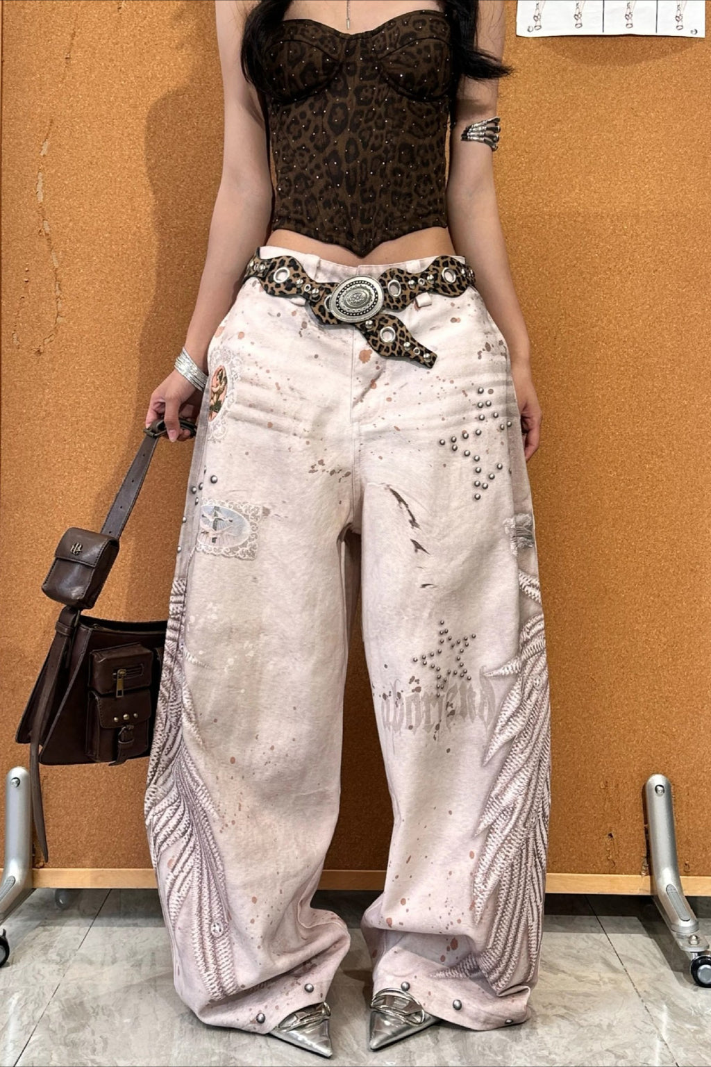 Pearl Stud Wing Print Barrel Leg Jeans