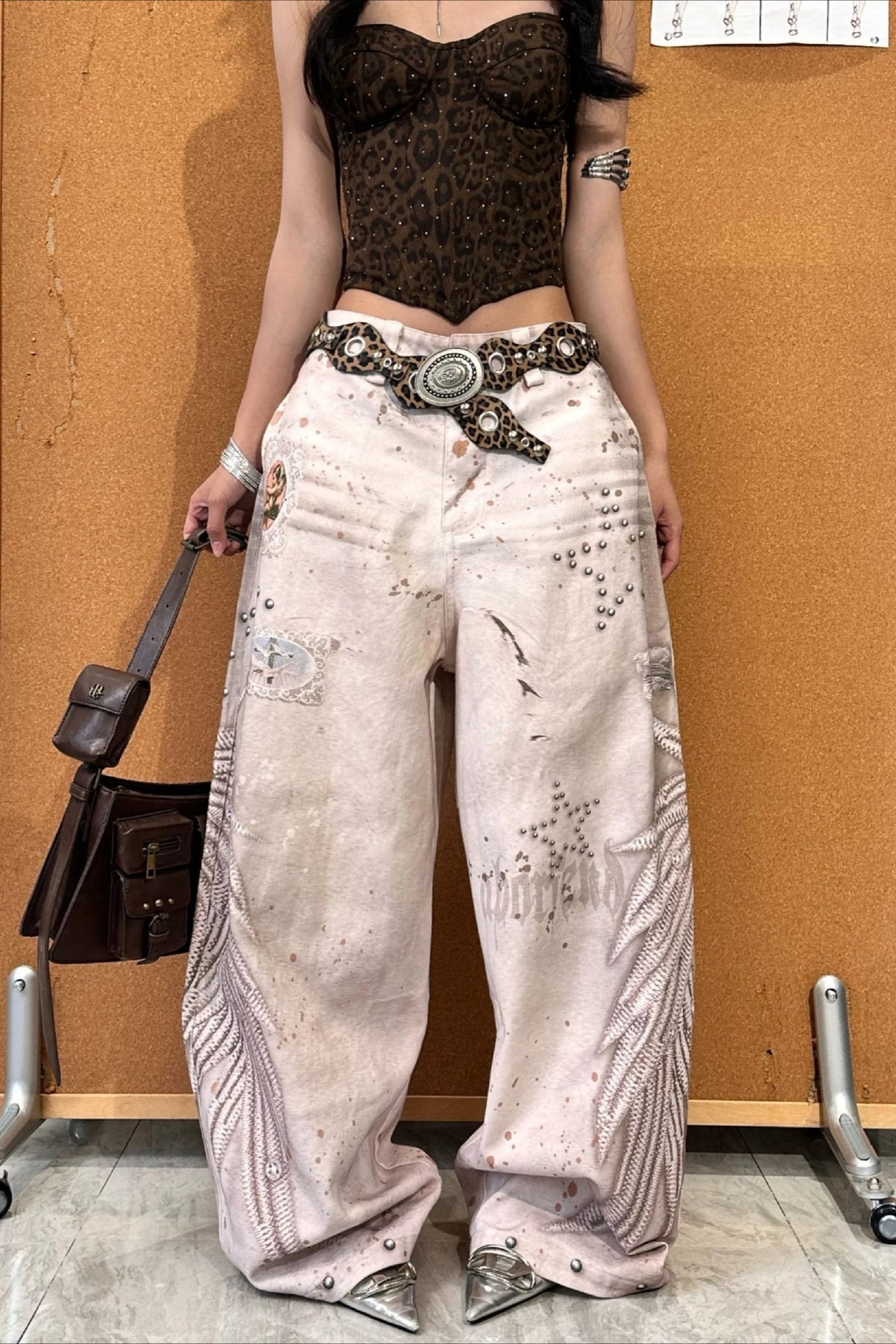 Pearl Stud Wing Print Barrel Leg Jeans