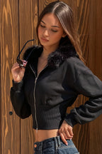 Fitted Fur Trim Cropped Zip Hoodie
