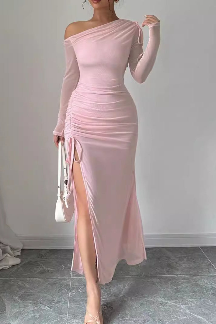 Sweet One Shoulder Mesh Long-Sleeve Slit Bodycon Dress Main image
