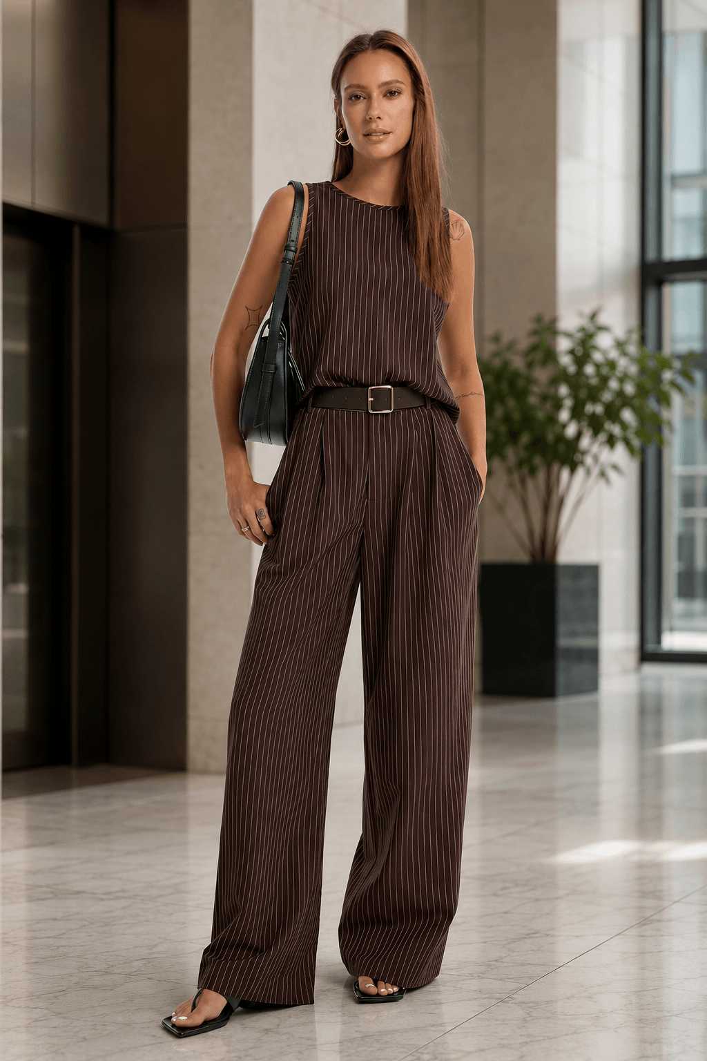 Stripe Crew Sleeveless High Waist Wide Leg Work Set Main image