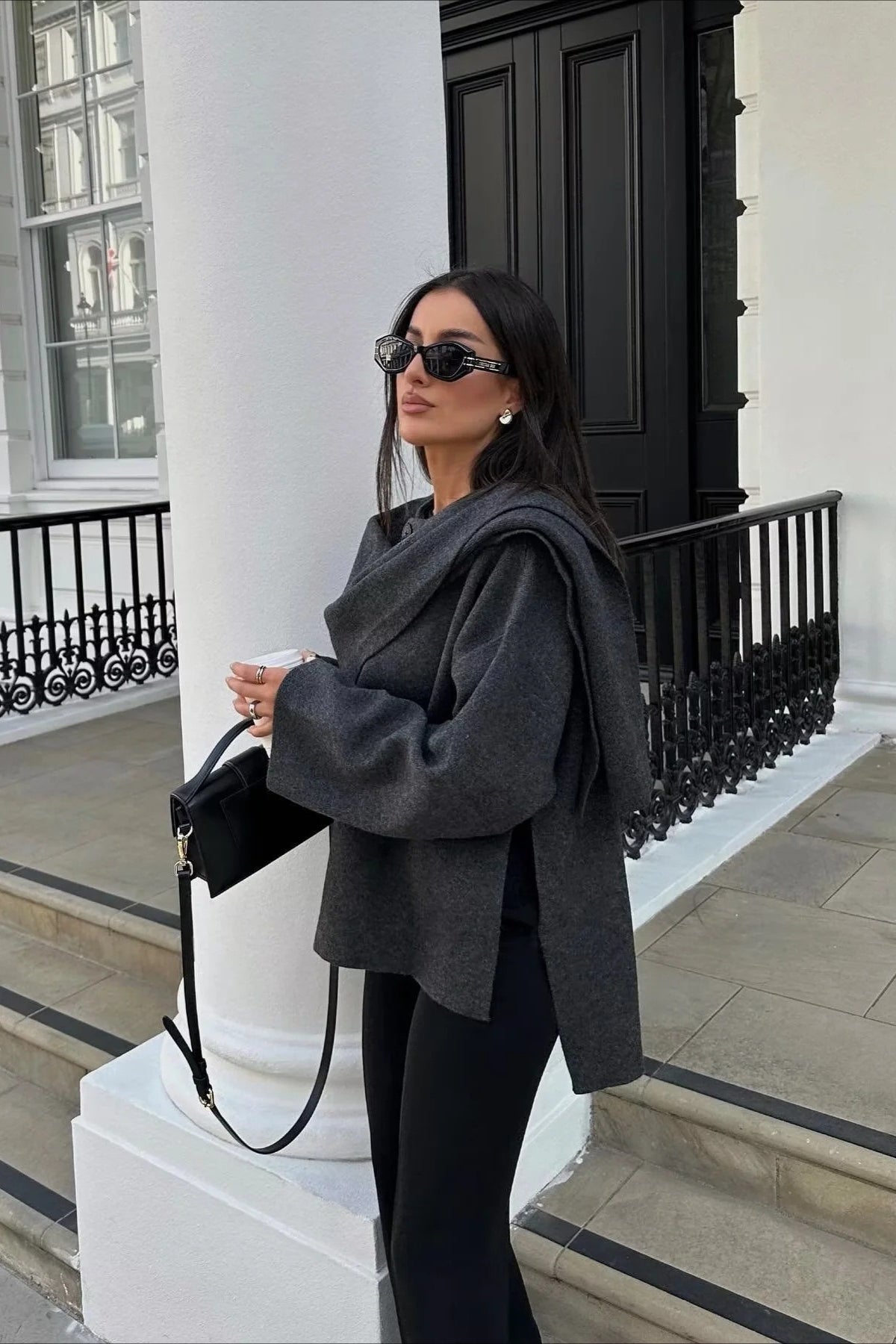 Cropped Knit Asymmetric Scarf Collar Coat Secondary image