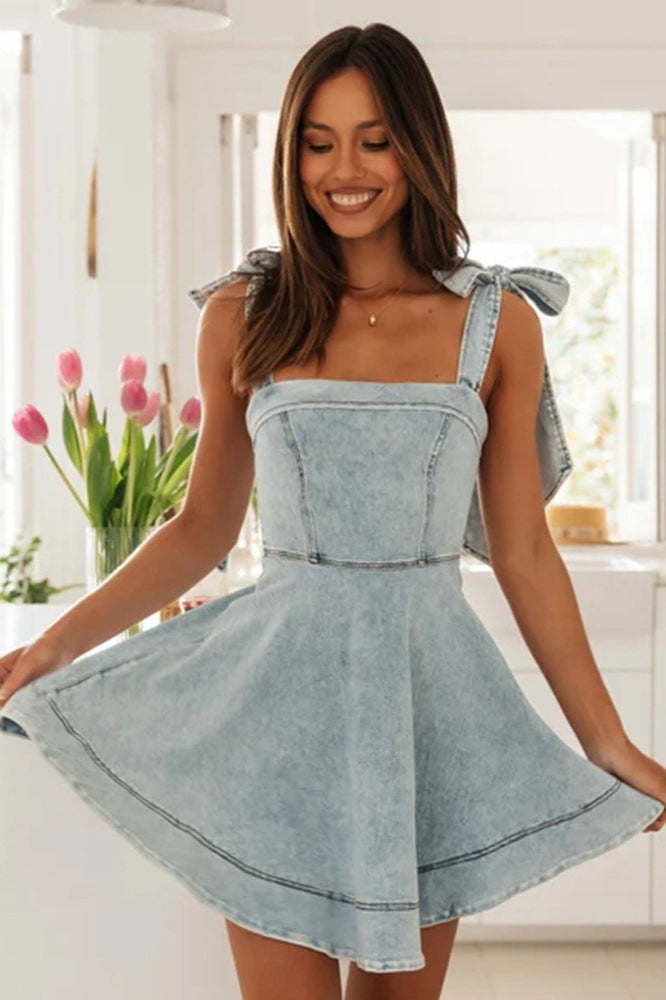 Square Neck Tie Waist Denim Dress Main image