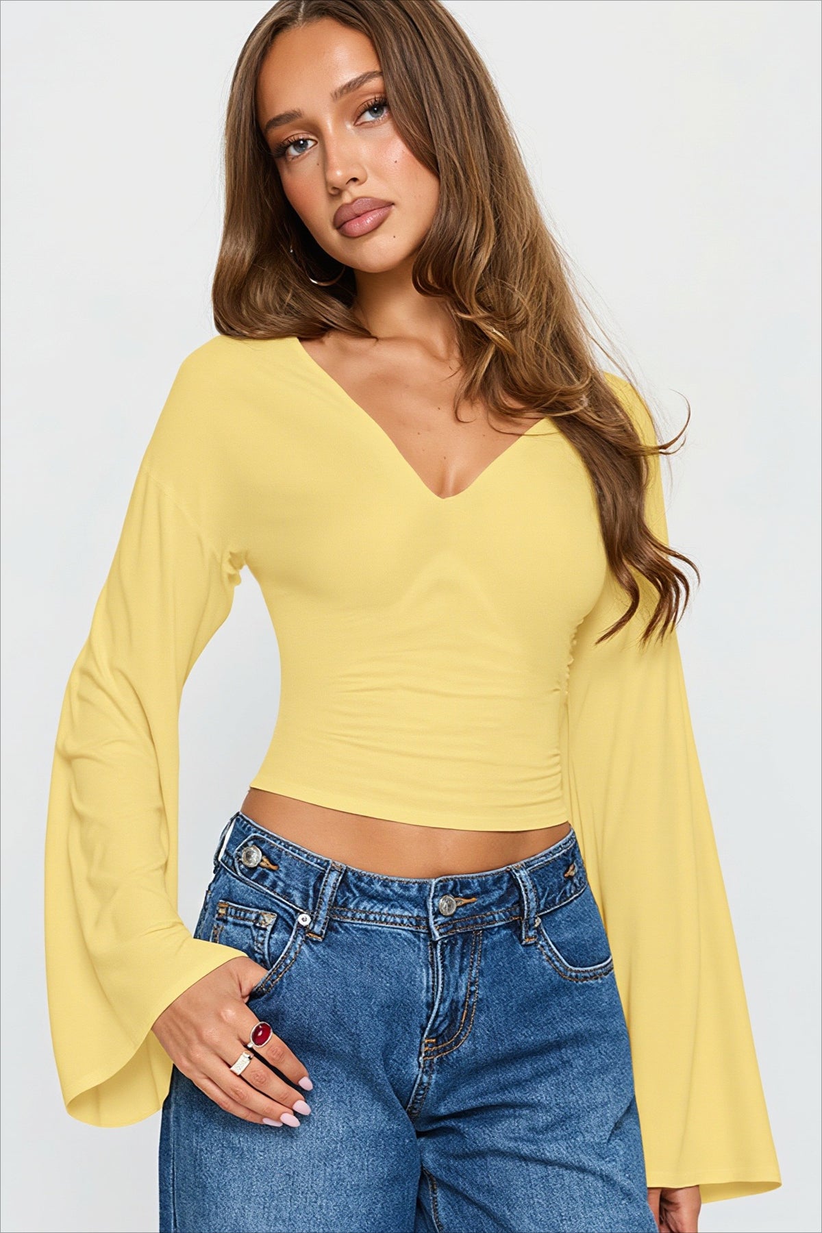 Draped V Neck Flared Sleeve Long Sleeved T-shirts Main image