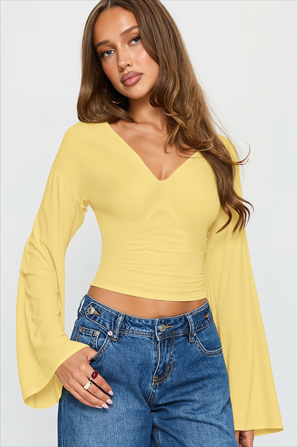 Draped V Neck Flared Sleeve Long Sleeved T-shirts