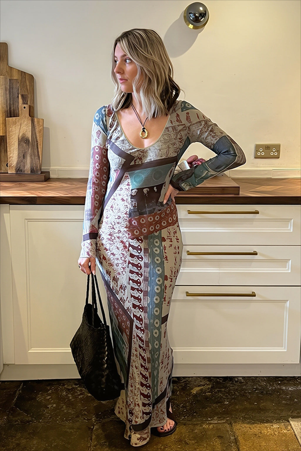 Abstract Print V Neck Long Sleeve Maxi Party Dress