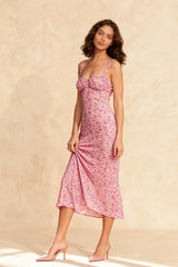 Summer Beach Women's Casual Pink Strap Print Floral Women's Ruched Party  Club Midi Dress