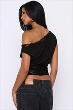 Asymmetric Neck Lace Panel Fitted Crop Top