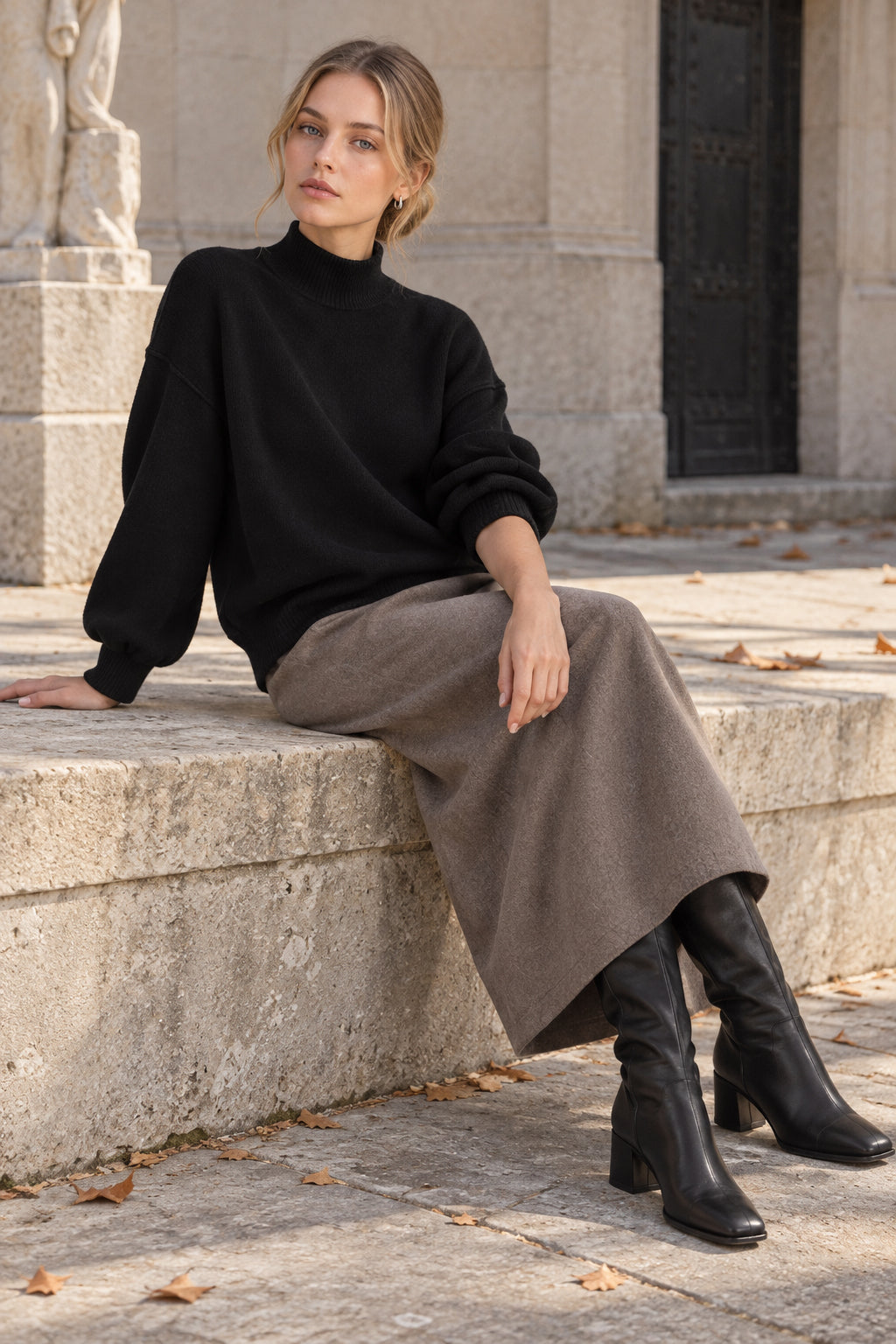 Shoulder Arm Turtleneck Knit Bubble Sweater Drop in Black Secondary image