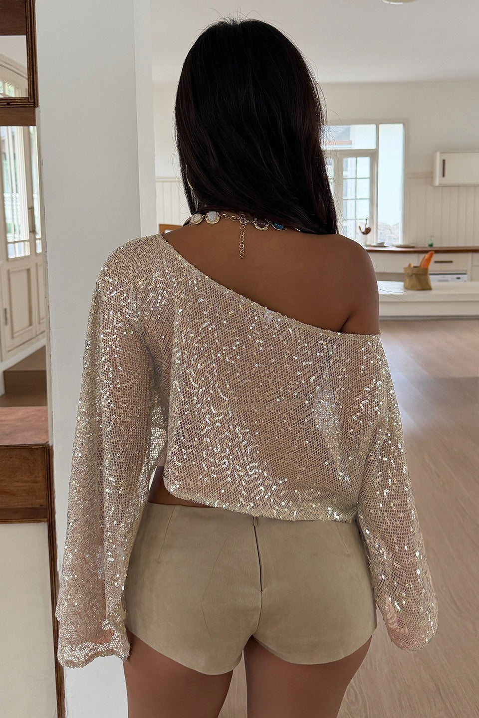 Sequin One Shoulder Flared Sleeve Party Crop Top