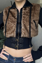 Fur Look Panel Buckle Waist Zip Jacket