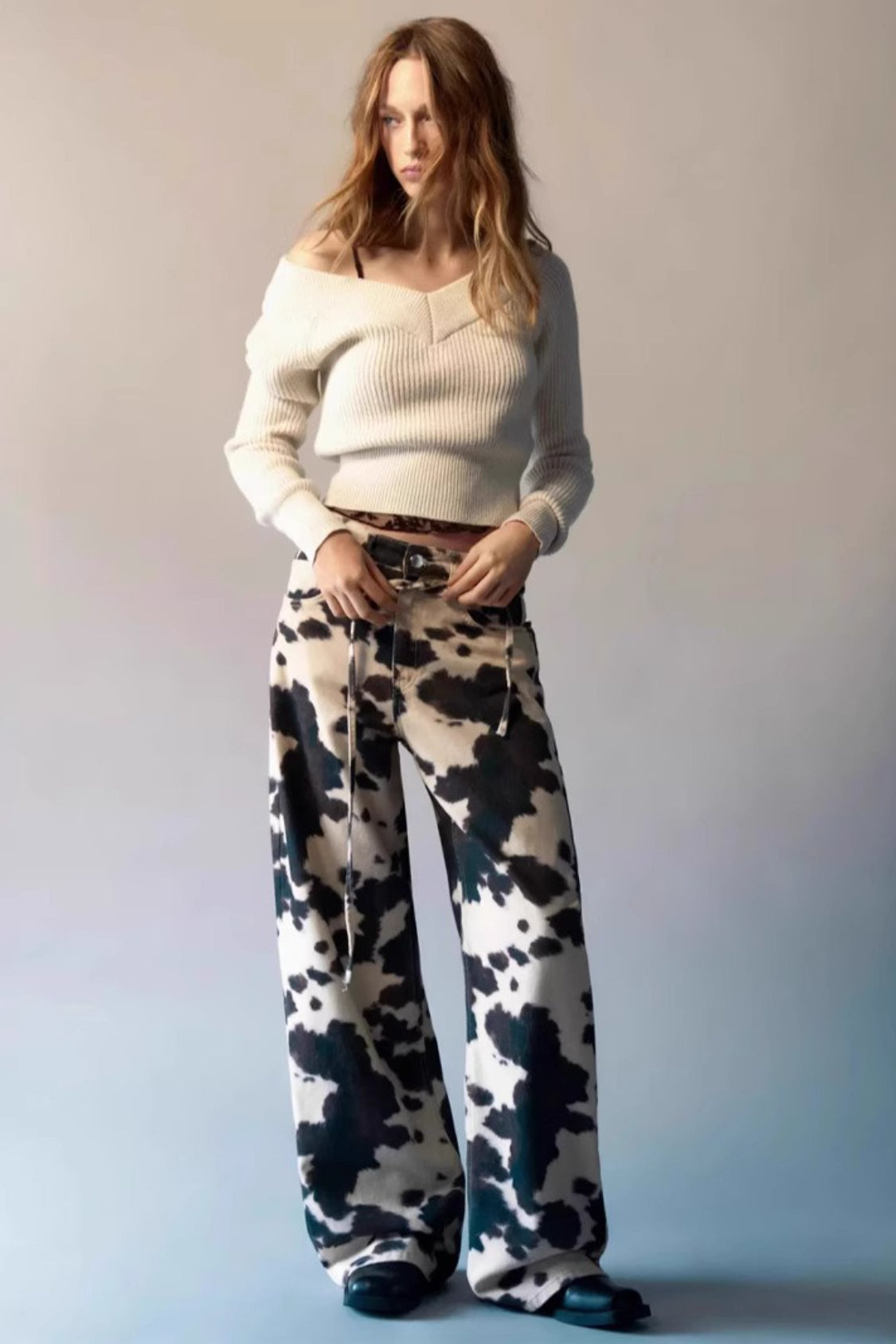 Vintage Cow Print Washed Loose Straight Pants Main image