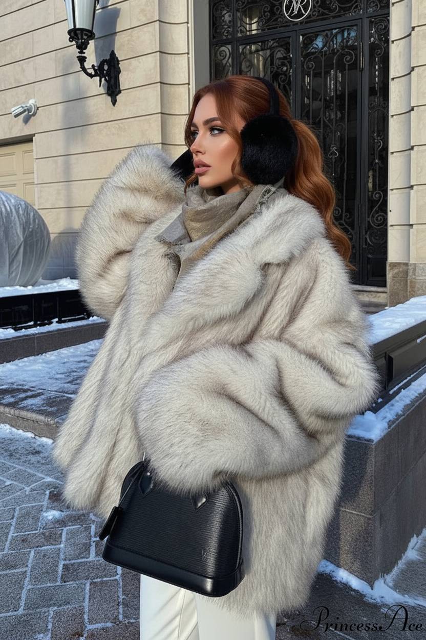 White Tip-Dyed Faux Fox Fur Mid-Length Coat Main image