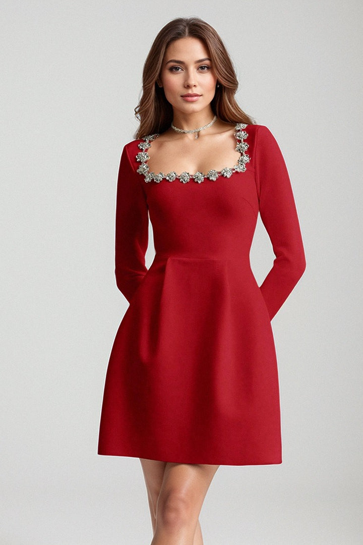 Elegant White Square Neck Long Sleeve Pearl Trim Slim Cocktail Dress Secondary image