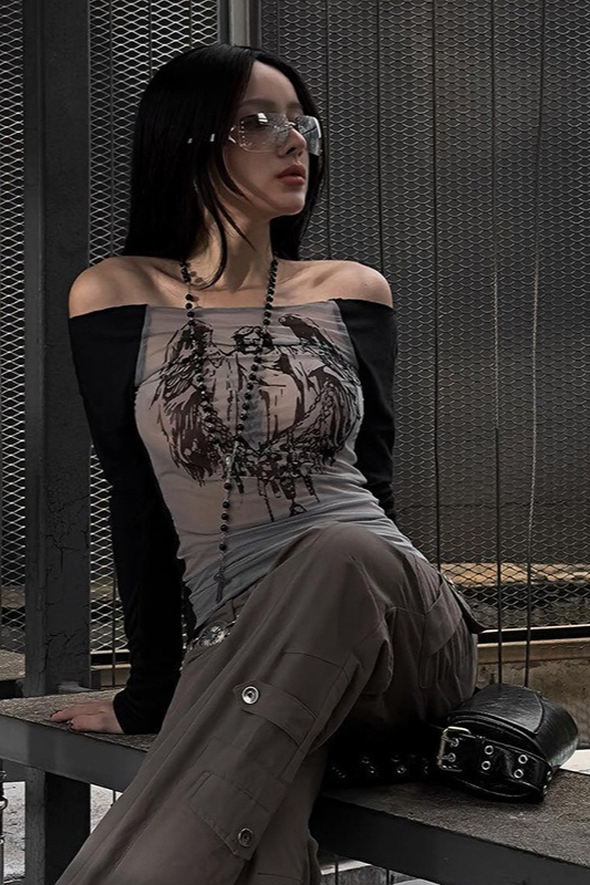 Slim Printed One Shoulder Mesh Knit Sheer Crop Top Secondary image