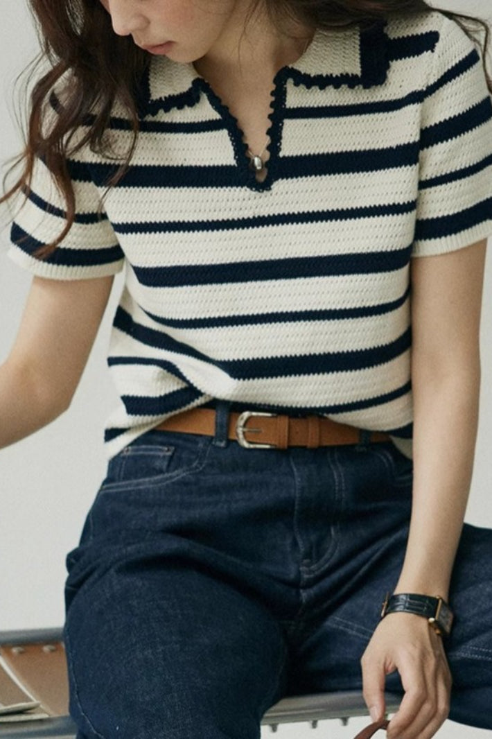 Color Block Stripe Polo Knit Top Secondary image