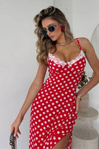 Lace Trim V-Neck Polka Cami Slit Fit Lace Dress