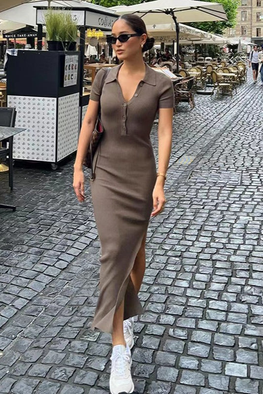 Elegant  Lapel Short Sleeve Split Hem Sweater Dress Secondary image