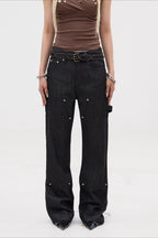 Rhinestone Raw Denim Low Rise Flare Jeans