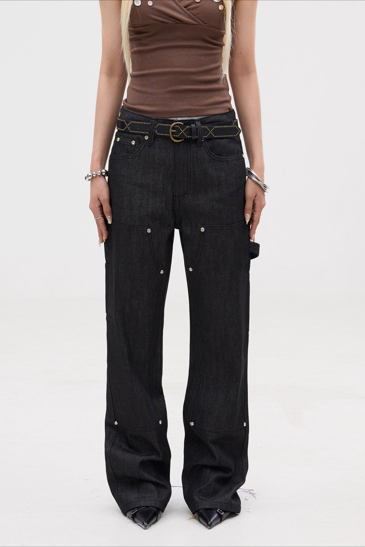 Rhinestone Raw Denim Low Rise Flare Jeans