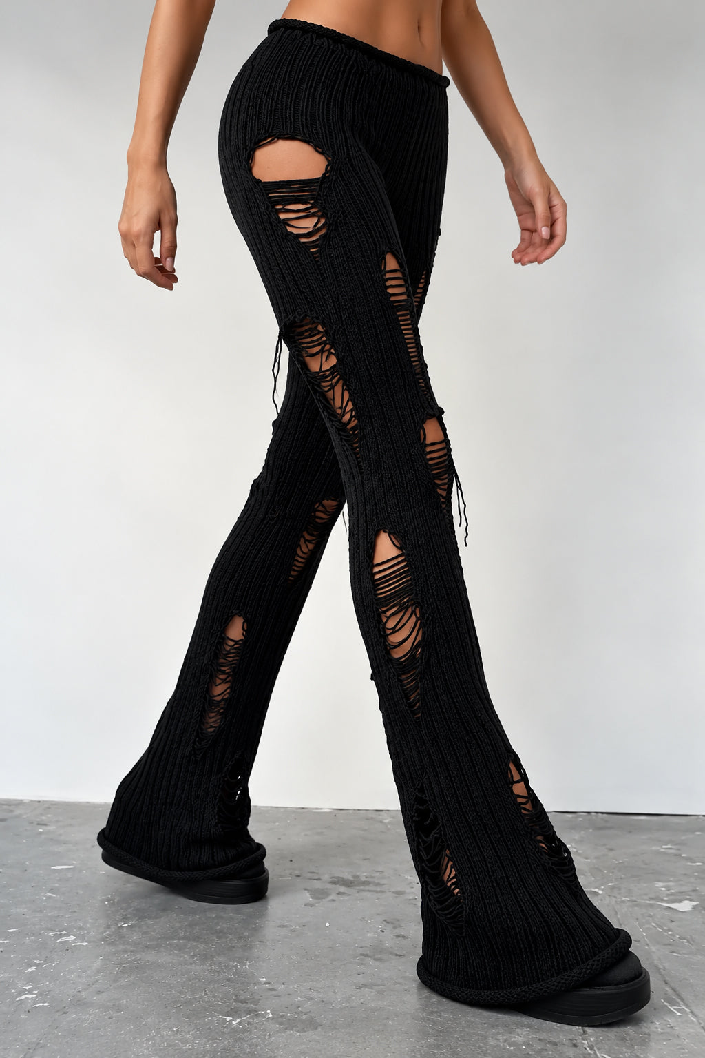 Distressed Ribbed Knit Flared Pants