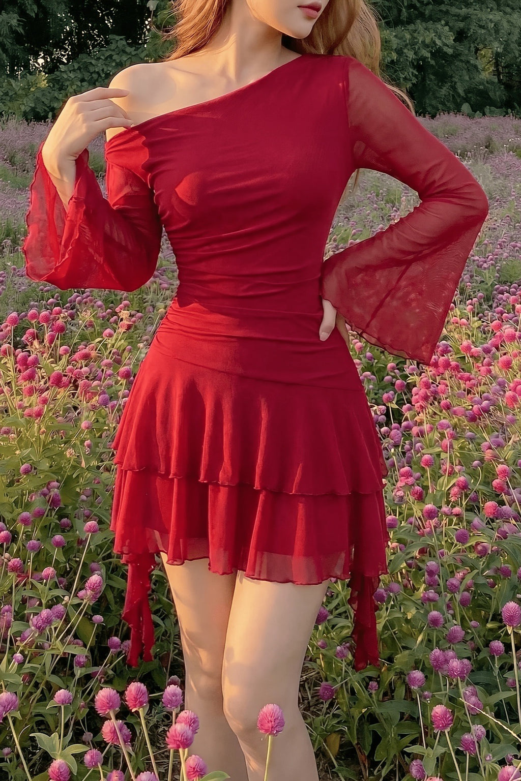 Off Shoulder Flared Sleeve Ruffle Mini Party Dress