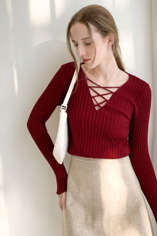 Slim Fit Lace Up V Neck Sweater Secondary image