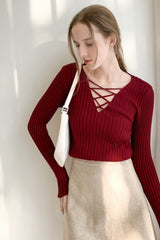 Slim Fit Lace Up V Neck Sweater